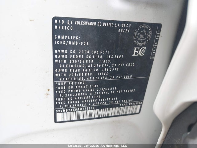 Продаж на аукціоні авто 2024 Volkswagen Tiguan, vin: 3VVMB7AX5RM172214, номер лоту: 12562635