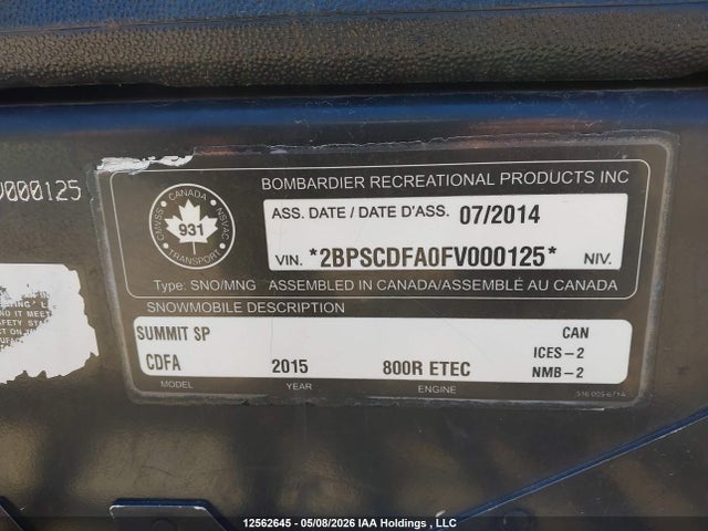 12562645 :رقم المزاد ، 2BPSCDFA0FV000125 vin ، 2015 Skidoo  مزاد بيع