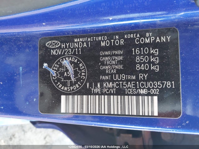 12562655 :رقم المزاد ، KMHCT5AE1CU035781 vin ، 2012 Hyundai Accent Gls/gs مزاد بيع