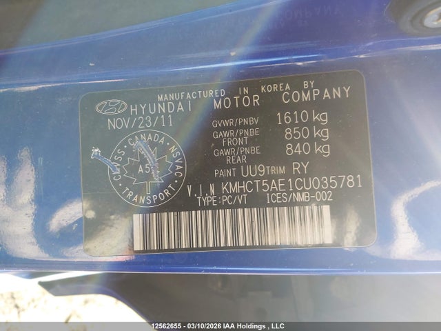 12562655 :رقم المزاد ، KMHCT5AE1CU035781 vin ، 2012 Hyundai Accent Gls/gs مزاد بيع