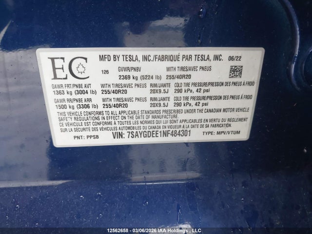 Продажа на аукционе авто 2022 Tesla Model Y, vin: 7SAYGDEE1NF484301, номер лота: 12562658