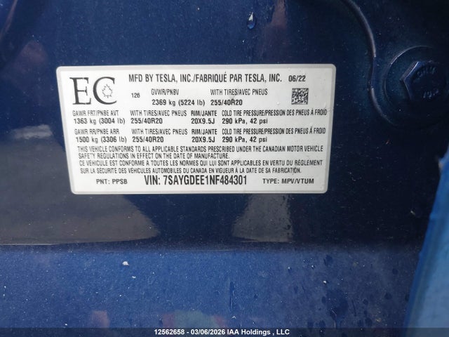 Продажа на аукционе авто 2022 Tesla Model Y, vin: 7SAYGDEE1NF484301, номер лота: 12562658