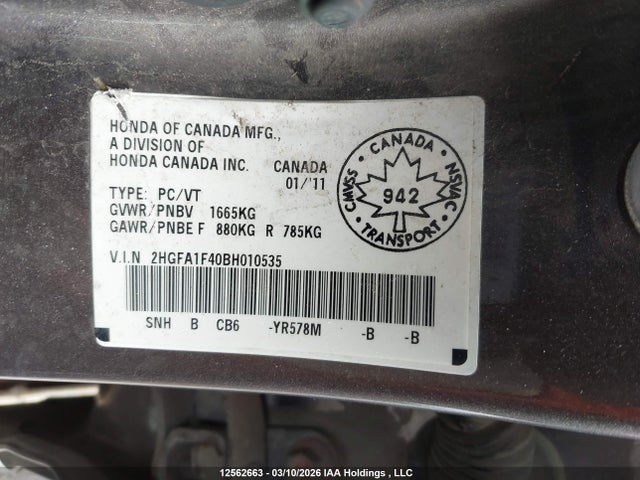 12562663 :رقم المزاد ، 2HGFA1F40BH010535 vin ، 2011 Honda Civic Dx-g مزاد بيع