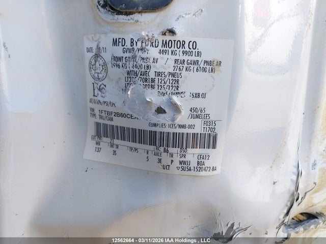 12562664 :رقم المزاد ، 1FTBF2B60CEA68052 vin ، 2012 Ford F250 Super Duty مزاد بيع