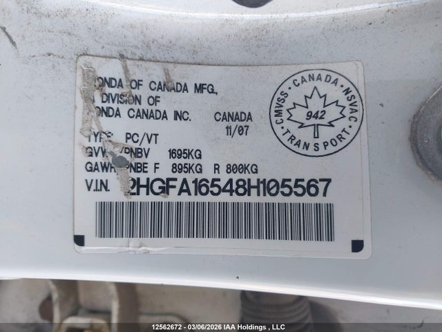 Aukcja sprzedaży 2008 Honda Civic Lx, vin: 2HGFA16548H105567, numer aukcji: 12562672