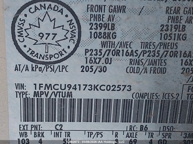 12562673 :رقم المزاد ، 1FMCU94173KC02573 vin ، 2003 Ford Escape Limited مزاد بيع