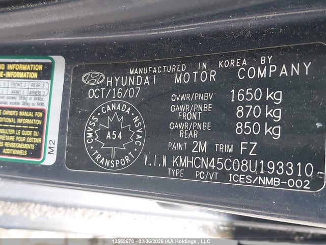 2008 Hyundai Accent Gl/gls/l მანქანა იყიდება აუქციონზე, vin: KMHCN45C08U193310, აუქციონის ნომერი: 12562678