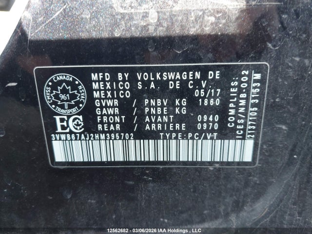 3VWB67AJ2HM395702 Volkswagen Jetta Wolfsburg Edition
