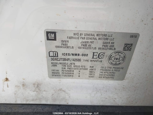 12562684 :رقم المزاد ، 3GNCJTSB4FL142686 vin ، 2015 Chevrolet Trax Ltz مزاد بيع