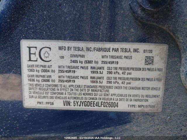 Aukcja sprzedaży 2020 Tesla Model Y Long Range, vin: 5YJYGDEE4LF026004, numer aukcji: 12562685