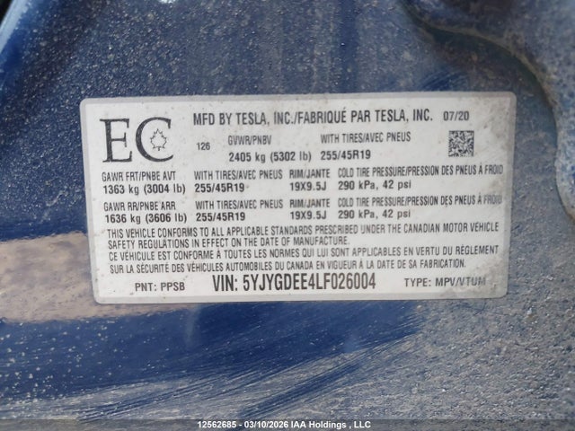 Aukcja sprzedaży 2020 Tesla Model Y Long Range, vin: 5YJYGDEE4LF026004, numer aukcji: 12562685