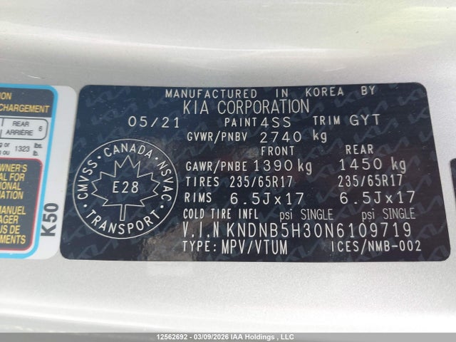2022 Kia Carnival Lx მანქანა იყიდება აუქციონზე, vin: KNDNB5H30N6109719, აუქციონის ნომერი: 12562692