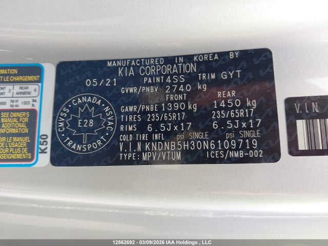2022 Kia Carnival Lx მანქანა იყიდება აუქციონზე, vin: KNDNB5H30N6109719, აუქციონის ნომერი: 12562692