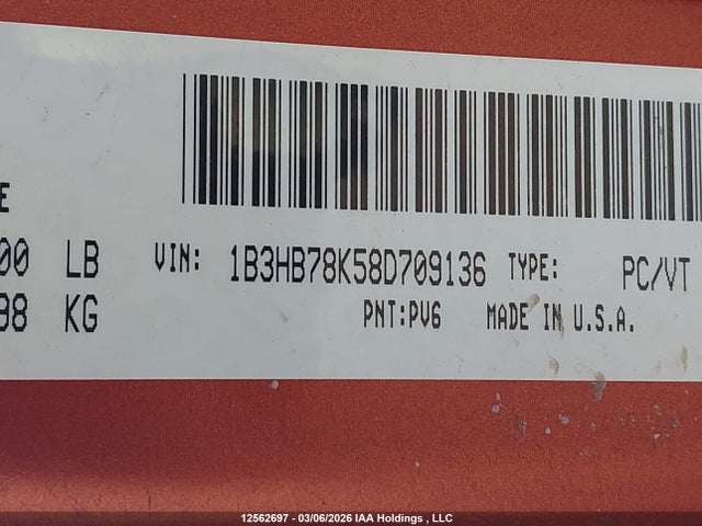 12562697 :رقم المزاد ، 1B3HB78K58D709136 vin ، 2008 Dodge Caliber R/t مزاد بيع