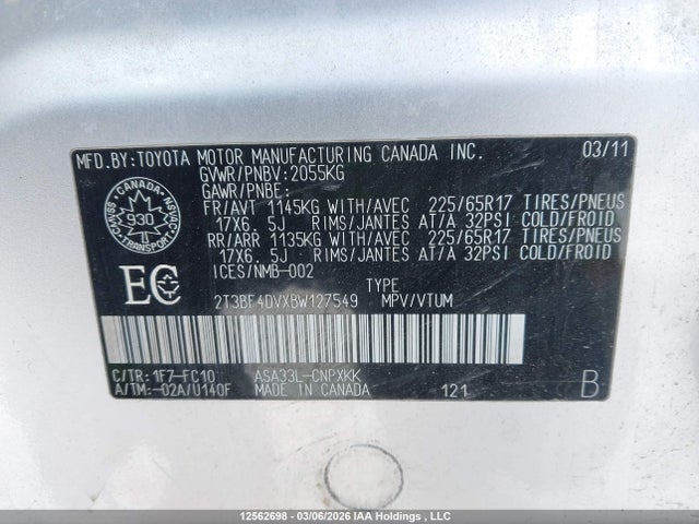 Aukcja sprzedaży 2011 Toyota Rav4, vin: 2T3BF4DVXBW127549, numer aukcji: 12562698