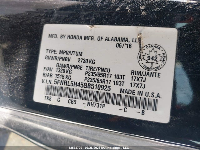 5FNRL5H45GB510925 Honda ODYSSEY EX