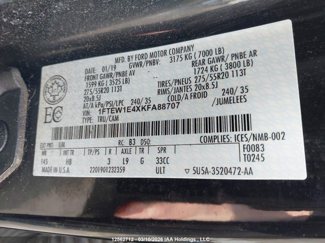 12562712 :رقم المزاد ، 1FTEW1E4XKFA88707 vin ، 2019 Ford F150 Supercrew مزاد بيع