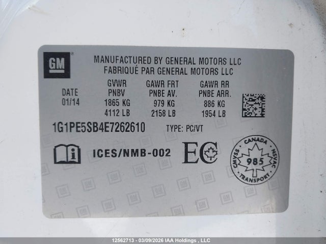 12562713 :رقم المزاد ، 1G1PE5SB4E7262610 vin ، 2014 Chevrolet Cruze 2lt مزاد بيع