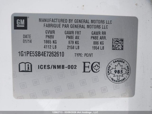 12562713 :رقم المزاد ، 1G1PE5SB4E7262610 vin ، 2014 Chevrolet Cruze 2lt مزاد بيع