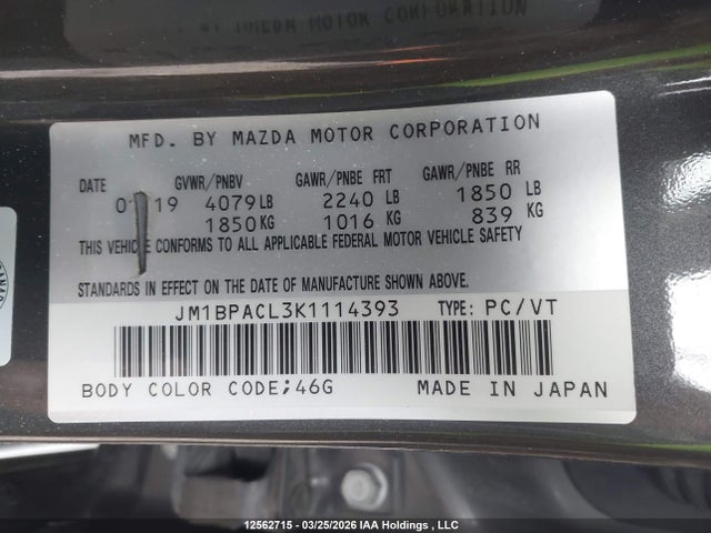 12562715 :رقم المزاد ، JM1BPACL3K1114393 vin ، 2019 Mazda Mazda3 Gs مزاد بيع