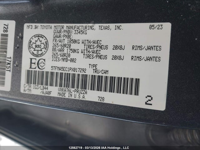 2023 Toyota Tundra Platinum მანქანა იყიდება აუქციონზე, vin: 5TFMA5EC1PX017292, აუქციონის ნომერი: 12562719