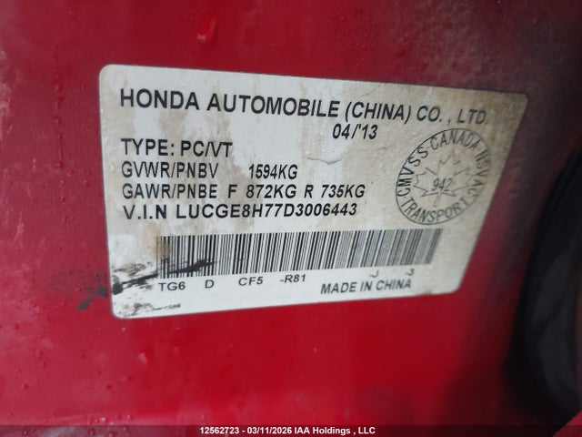 12562723 :رقم المزاد ، LUCGE8H77D3006443 vin ، 2013 Honda Fit Sport مزاد بيع