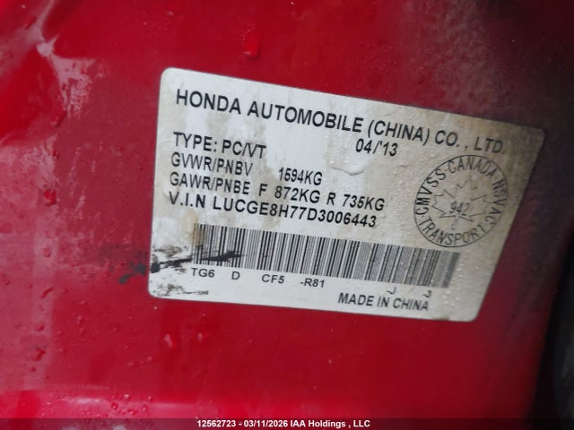 12562723 :رقم المزاد ، LUCGE8H77D3006443 vin ، 2013 Honda Fit Sport مزاد بيع