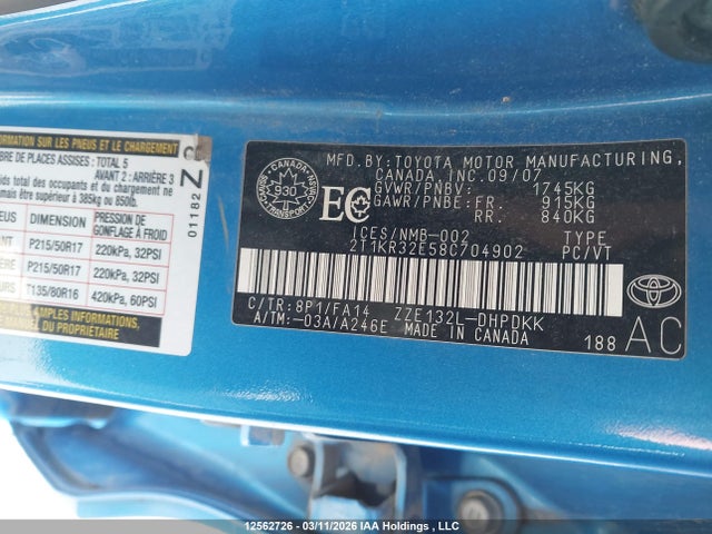 Aukcja sprzedaży 2008 Toyota Corolla Matrix Xr, vin: 2T1KR32E58C704902, numer aukcji: 12562726