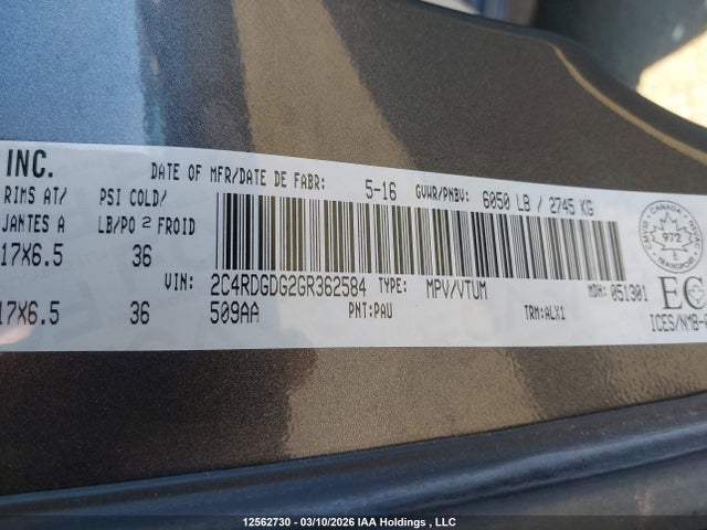 12562730 :رقم المزاد ، 2C4RDGDG2GR362584 vin ، 2016 Dodge Grand Caravan Crew مزاد بيع