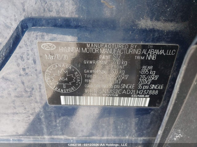 2020 Hyundai Santa Fe Essential Fwd/essential Fwd With Smartsense Package მანქანა იყიდება აუქციონზე, vin: 5NMS2CAD2LH237888, აუქციონის ნომერი: 12562738