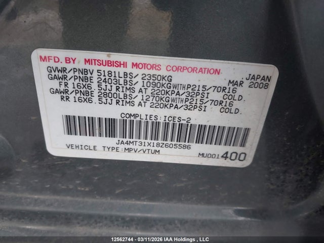 Aukcja sprzedaży 2008 Mitsubishi Outlander Ls, vin: JA4MT31X18Z605586, numer aukcji: 12562744