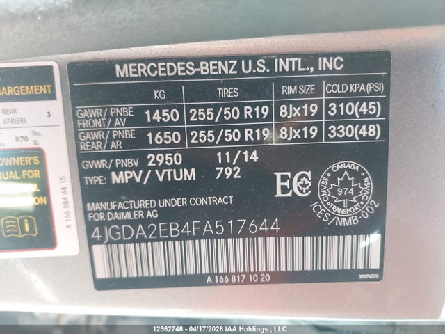 12562746 :رقم المزاد ، 4JGDA2EB4FA517644 vin ، 2015 Mercedes-benz Ml 350 Bluetec مزاد بيع