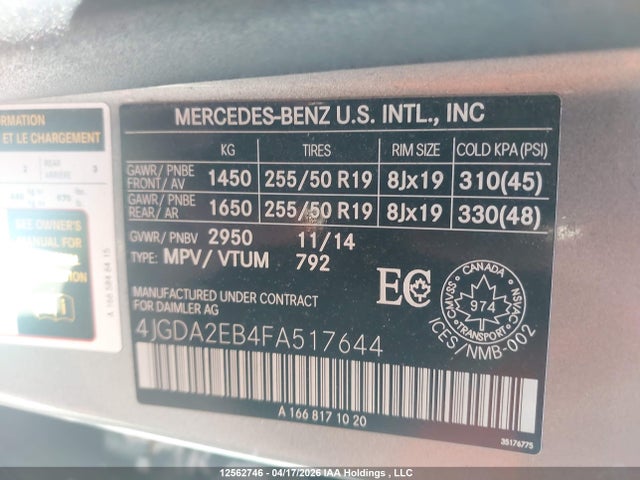 12562746 :رقم المزاد ، 4JGDA2EB4FA517644 vin ، 2015 Mercedes-benz Ml 350 Bluetec مزاد بيع