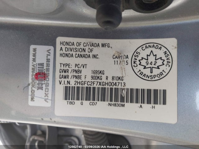 Продаж на аукціоні авто 2016 Honda Civic Ex 4dr, vin: 2HGFC2F7XGH004713, номер лоту: 12562748
