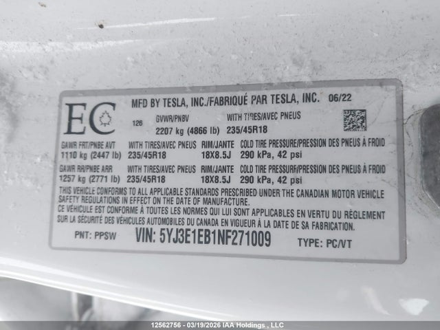Auction sale of the 2022 Tesla Model 3 Long Range, vin: 5YJ3E1EB1NF271009, lot number: 12562756