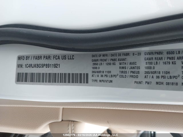 1C4RJKBG9P8911921 Jeep Grand Cherokee L Limited