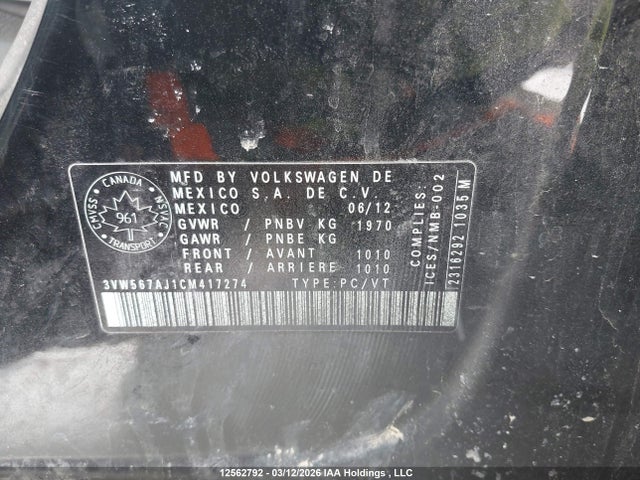 Продаж на аукціоні авто 2012 Volkswagen Jetta Gli, vin: 3VW567AJ1CM417274, номер лоту: 12562792