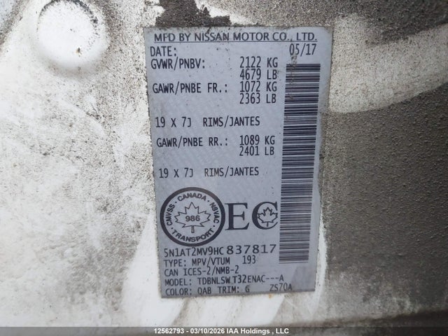 Продаж на аукціоні авто 2017 Nissan Rogue S/sl Platinum/sv, vin: 5N1AT2MV9HC837817, номер лоту: 12562793