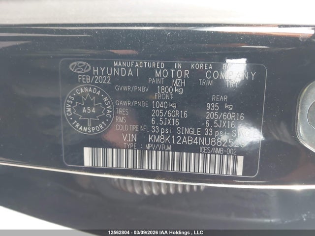 12562804 :رقم المزاد ، KM8K12AB4NU882528 vin ، 2022 Hyundai Kona Se مزاد بيع