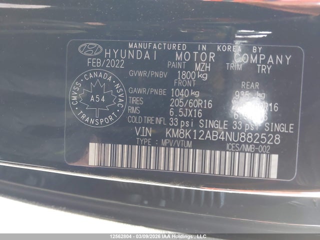 12562804 :رقم المزاد ، KM8K12AB4NU882528 vin ، 2022 Hyundai Kona Se مزاد بيع