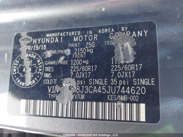 12562806 :رقم المزاد ، KM8J3CA45JU744620 vin ، 2018 Hyundai Tucson Se 2.0l مزاد بيع