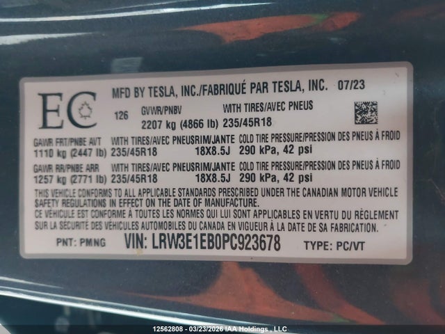 Aukcja sprzedaży 2023 Tesla Model 3, vin: LRW3E1EB0PC923678, numer aukcji: 12562808