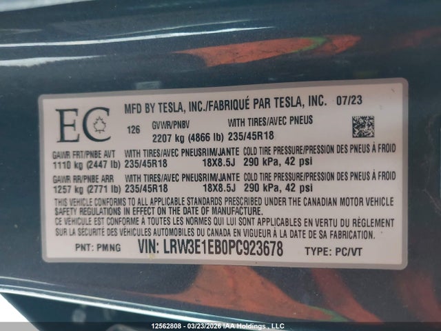 Aukcja sprzedaży 2023 Tesla Model 3, vin: LRW3E1EB0PC923678, numer aukcji: 12562808