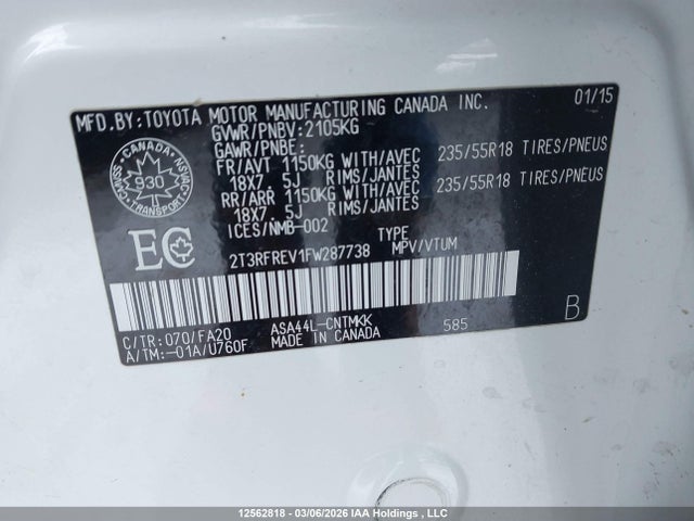 12562818 :رقم المزاد ، 2T3RFREV1FW287738 vin ، 2015 Toyota Rav4 Xle مزاد بيع