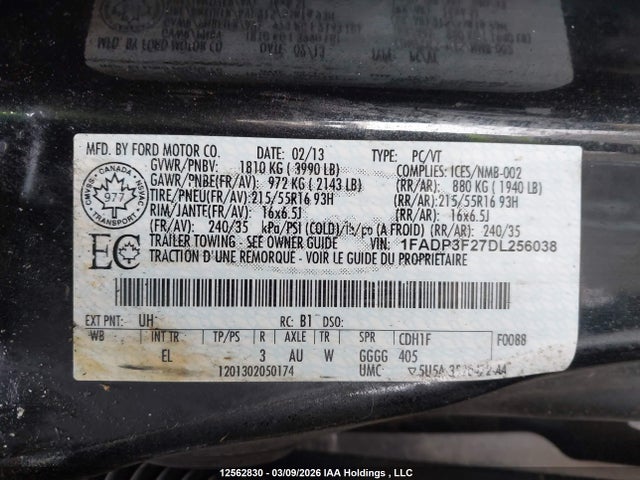 12562830 :رقم المزاد ، 1FADP3F27DL256038 vin ، 2013 Ford Focus Se مزاد بيع