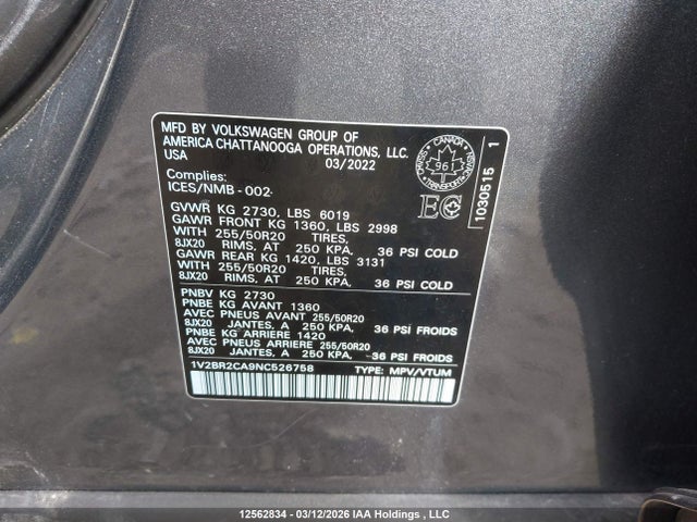 Aukcja sprzedaży 2022 Volkswagen Atlas 3.6 Fsi Highline, vin: 1V2BR2CA9NC526758, numer aukcji: 12562834