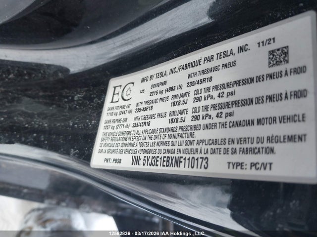 5YJ3E1EBXNF110173 Tesla Model 3 Long Range