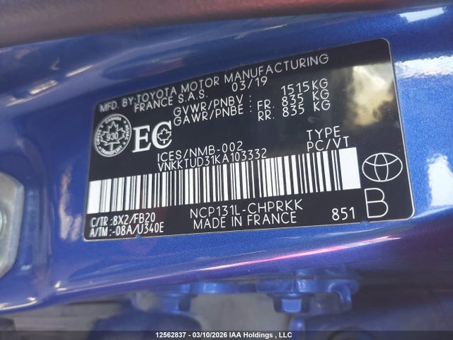 VNKKTUD31KA103332 Toyota YARIS LE