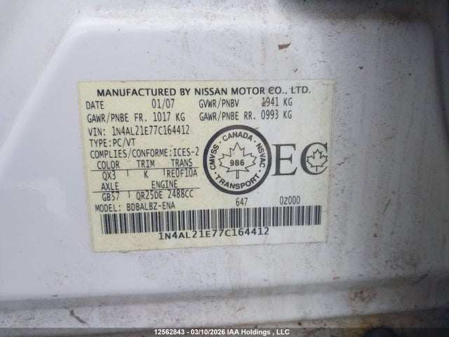 Продаж на аукціоні авто 2007 Nissan Altima 2.5 S, vin: 1N4AL21E77C164412, номер лоту: 12562843