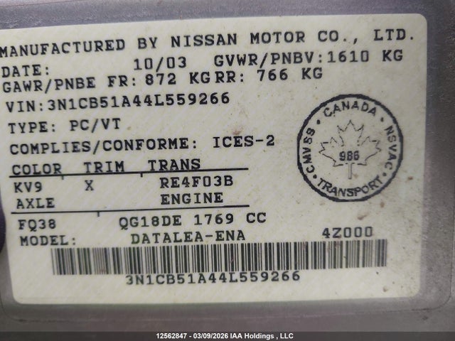 Продаж на аукціоні авто 2004 Nissan Sentra 1.8s, vin: 3N1CB51A44L559266, номер лоту: 12562847